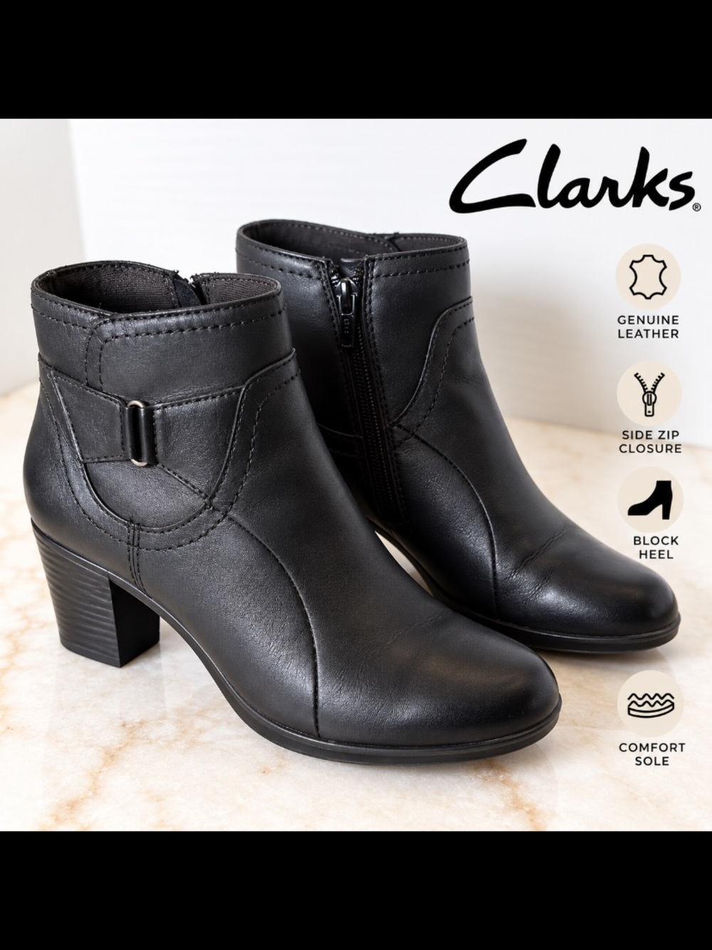 🖤 Clarks Black Genuine Leather Side Zip Block Heel Ankle Boots – Size 6M
